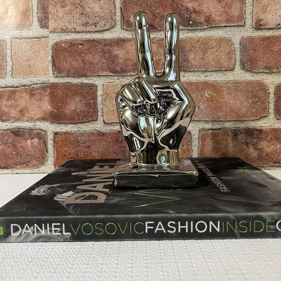 Ceramic Peace Sign Hand Sculpture Figurine Metallic Silver Tone BOHO Decor - Picture 6 of 16